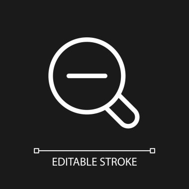 Magnifier and minus pixel perfect white linear ui icon for dark theme. Image downsizing. Vector line pictogram. Isolated user interface symbol for night mode. Editable stroke. Arial font used