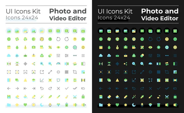 Photo Video Editor Flat Color Icons Set Dark Light Mode — Stockový vektor