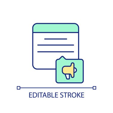 Promotional content RGB color icon. Social media post. Writing relevant information. Distributing blog post. Isolated vector illustration. Simple filled line drawing. Editable stroke. Arial font used