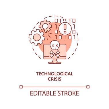 Technological crisis red concept icon. Digital system failure. Type of crisis abstract idea thin line illustration. Isolated outline drawing. Editable stroke. Arial, Myriad Pro-Bold fonts used