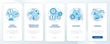 Model for crisis management blue onboarding mobile app screen. Walkthrough 5 steps editable graphic instructions with linear concepts. UI, UX, GUI template. Myriad Pro-Bold, Regular fonts used
