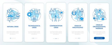 Types of crisis blue onboarding mobile app screen. Business risks walkthrough 5 steps editable graphic instructions with linear concepts. UI, UX, GUI template. Myriad Pro-Bold, Regular fonts used