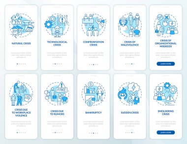 Crisis management blue onboarding mobile app screen set. Risks types walkthrough 5 steps editable graphic instructions with linear concepts. UI, UX, GUI template. Myriad Pro-Bold, Regular fonts used
