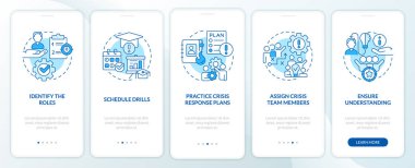 Crisis management team blue onboarding mobile app screen. Walkthrough 5 steps editable graphic instructions with linear concepts. UI, UX, GUI template. Myriad Pro-Bold, Regular fonts used