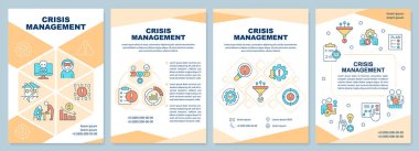 Crisis management yellow brochure template. Leaflet design with linear icons. Editable 4 vector layouts for presentation, annual reports. Arial-Black, Myriad Pro-Regular fonts use