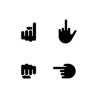 Pointing fingers and fist black glyph icons set on white space. Hand gestures usage. Body language performance. Silhouette symbols. Solid pictogram pack. Vector isolated illustration