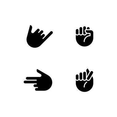 Friendly and aggressive gestures black glyph icons set on white space. Informative hand positions. Body language. Silhouette symbols. Solid pictogram pack. Vector isolated illustration