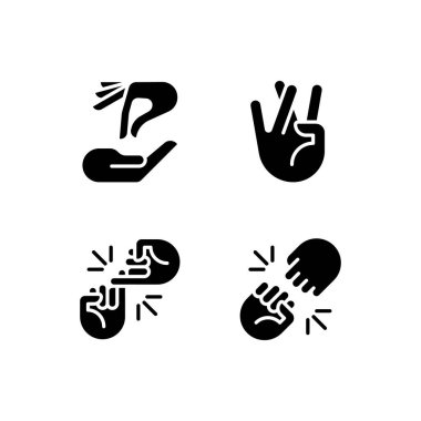 Using gestures for communication black glyph icons set on white space. Easy interaction process. Hands position. Silhouette symbols. Solid pictogram pack. Vector isolated illustration
