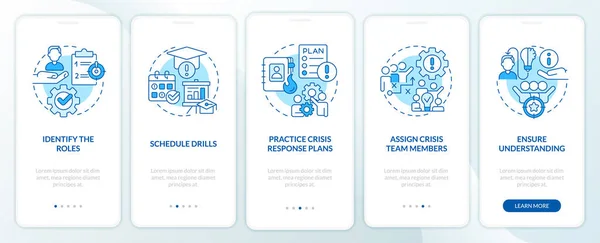 Crisis Management Team Blue Onboarding Mobile App Screen Walkthrough Steps — Stockový vektor