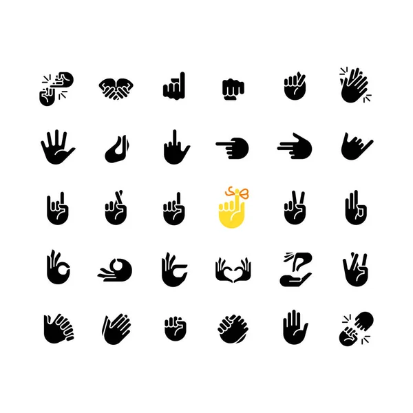Hand Gestures Black Glyph Icons Set White Space Body Language — Stockvektor