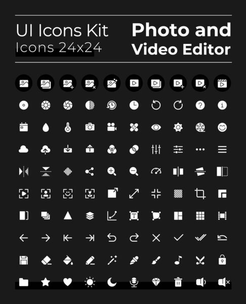Photo and video editor tools white glyph ui icons set for dark mode. Silhouette symbols for night, day themes. Solid pictograms. Vector isolated illustrations. Montserrat Bold, Light fonts used