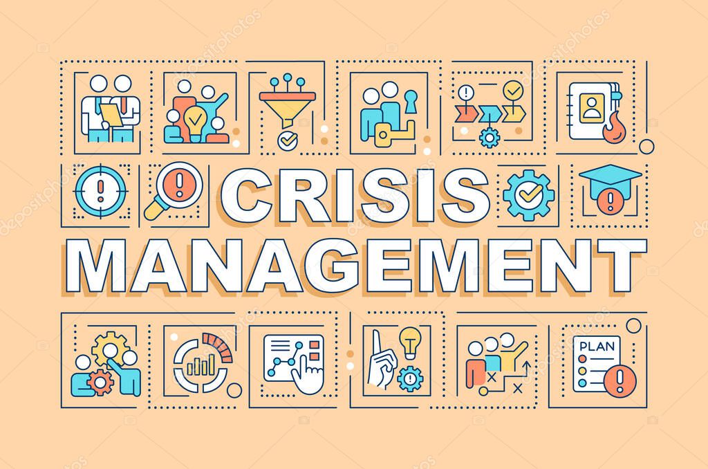 Crisis management word concepts yellow banner. Business challenges. Infographics with editable icons on color background. Isolated typography. Vector illustration with text. Arial-Black font used