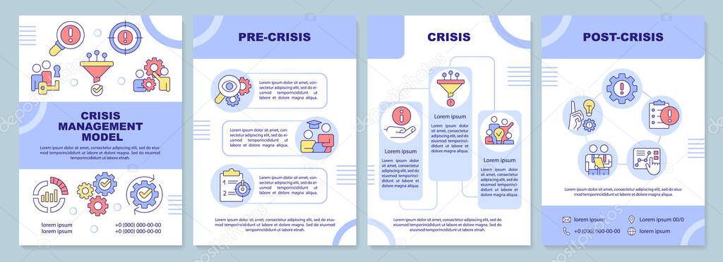 Crisis communication purple brochure template. Leaflet design with linear icons. Editable 4 vector layouts for presentation, annual reports. Arial-Black, Myriad Pro-Regular fonts use