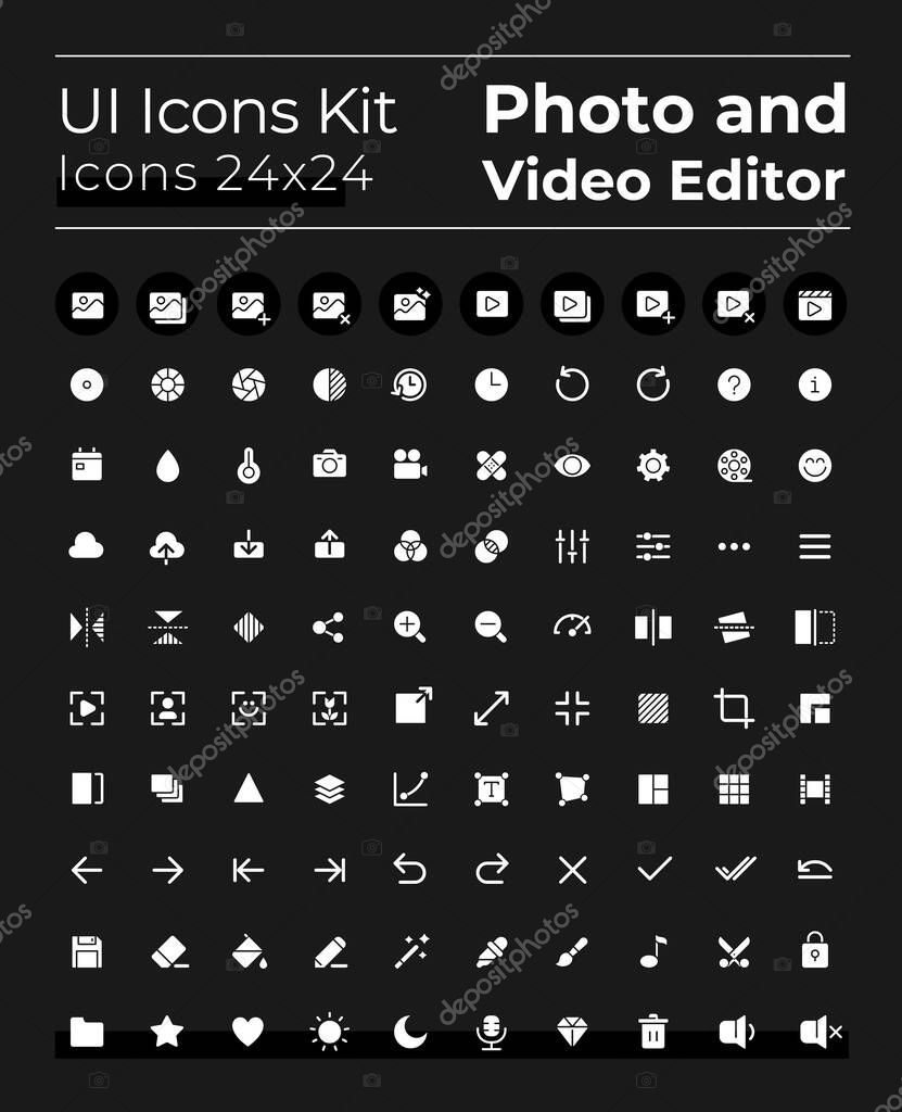 Photo and video editor tools white glyph ui icons set for dark mode. Silhouette symbols for night, day themes. Solid pictograms. Vector isolated illustrations. Montserrat Bold, Light fonts used