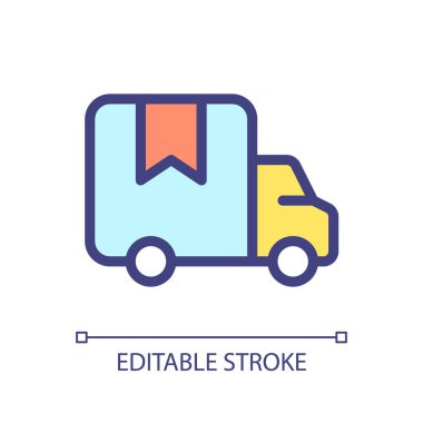 Delivery truck pixel perfect RGB color ui icon. Transporting goods and products. Simple filled line element. GUI, UX design for mobile app. Vector isolated pictogram. Editable stroke. Arial font used