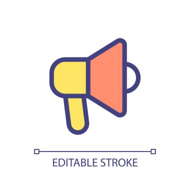 Handheld megaphone pixel perfect RGB color ui icon. Announce about sales. Simple filled line element. GUI, UX design for mobile app. Vector isolated pictogram. Editable stroke. Arial font used