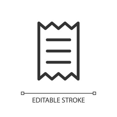 Get receipt for purchase pixel perfect linear ui icon. Payment information. Online market. GUI, UX design. Outline isolated user interface element for app and web. Editable stroke. Arial font used