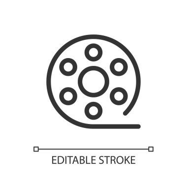 Film reel pixel perfect linear ui icon. Motion pictures. Recorded strip. Online marketplace. GUI, UX design. Outline isolated user interface element for app and web. Editable stroke. Arial font used