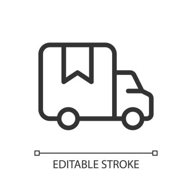 Delivery truck pixel perfect linear ui icon. Transporting goods and products. E commerce. GUI, UX design. Outline isolated user interface element for app and web. Editable stroke. Arial font used