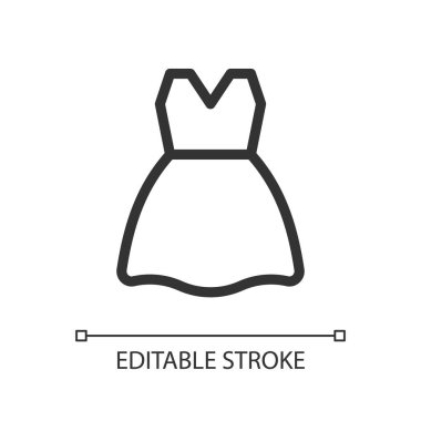 Dress pixel perfect linear ui icon. Women clothing store. Stylish apparel. Branded clothes. GUI, UX design. Outline isolated user interface element for app and web. Editable stroke. Arial font used