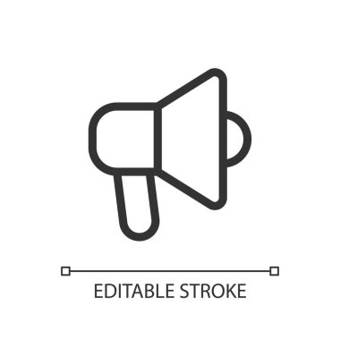 Handheld megaphone pixel perfect linear ui icon. Announce about sales. Marketing campaign. GUI, UX design. Outline isolated user interface element for app and web. Editable stroke. Arial font used