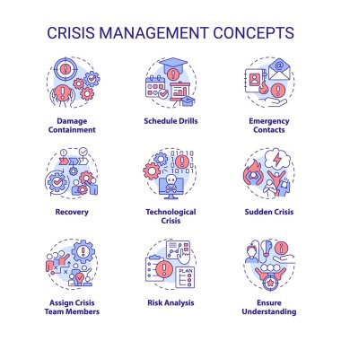 Crisis management concept icons set. Preventive measures. Risk control idea thin line color illustrations. Isolated symbols. Editable stroke. Roboto-Medium, Myriad Pro-Bold fonts used