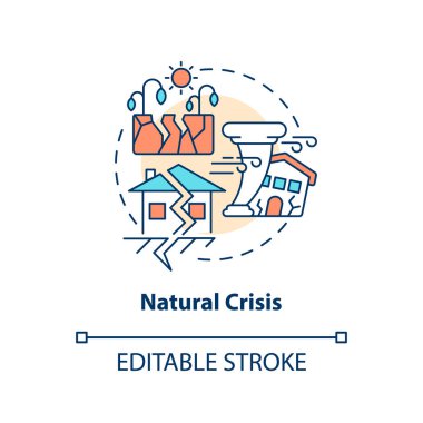 Natural crisis concept icon. Environmental disaster. Type of crisis abstract idea thin line illustration. Isolated outline drawing. Editable stroke. Arial, Myriad Pro-Bold fonts used