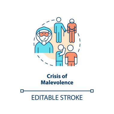 Crisis of malevolence concept icon. False rumors. Reputation damage. Type of crisis abstract idea thin line illustration. Isolated outline drawing. Editable stroke. Arial, Myriad Pro-Bold fonts used