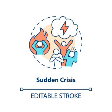 Sudden crisis concept icon. Unexpected trouble. No warning. Type of crisis abstract idea thin line illustration. Isolated outline drawing. Editable stroke. Arial, Myriad Pro-Bold fonts used