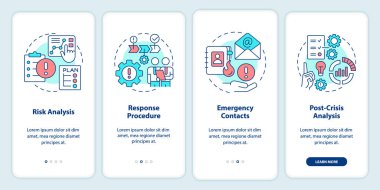 Crisis management plan onboarding mobile app screen. Walkthrough 4 steps editable graphic instructions with linear concepts. UI, UX, GUI template. Myriad Pro-Bold, Regular fonts used