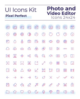 Photo and video editor tools pixel perfect gradient linear ui icons set. Digital program. Line contour user interface symbols. Modern style pictograms. Vector isolated outline illustrations