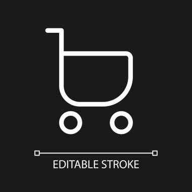 Shopping cart pixel perfect white linear ui icon for dark theme. Purchase products from shop. Vector line pictogram. Isolated user interface symbol for night mode. Editable stroke. Arial font used