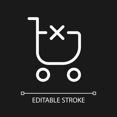 Clear shopping cart pixel perfect white linear ui icon for dark theme. Remove products. Vector line pictogram. Isolated user interface symbol for night mode. Editable stroke. Arial font used