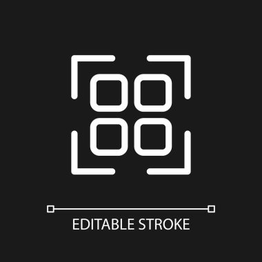 Scanning qr code pixel perfect white linear ui icon for dark theme. Get info from e-store. Vector line pictogram. Isolated user interface symbol for night mode. Editable stroke. Arial font used