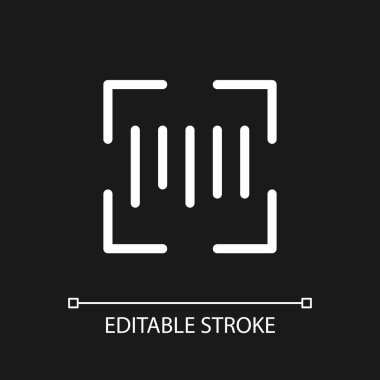 Scanning barcode pixel perfect white linear ui icon for dark theme. Inventory management. Vector line pictogram. Isolated user interface symbol for night mode. Editable stroke. Arial font used
