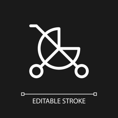 Baby carriage pixel perfect white linear ui icon for dark theme. Children goods department. Vector line pictogram. Isolated user interface symbol for night mode. Editable stroke. Arial font used