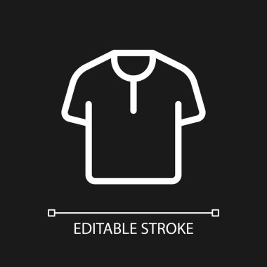 T shirt pixel perfect white linear ui icon for dark theme. Men clothing store. E commerce. Vector line pictogram. Isolated user interface symbol for night mode. Editable stroke. Arial font used