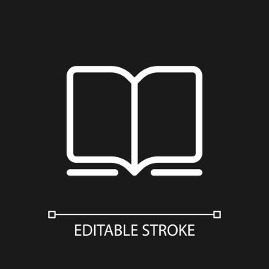 Book pixel perfect white linear ui icon for dark theme. Online bookstore. Buy ebooks. E-commerce. Vector line pictogram. Isolated user interface symbol for night mode. Editable stroke. Arial font used