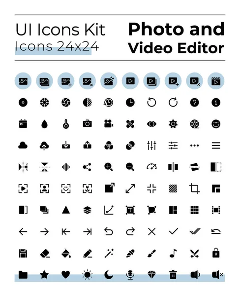 Photo Video Editor Tools Black Glyph Icons Set Silhouette Symbols — Vector de stock