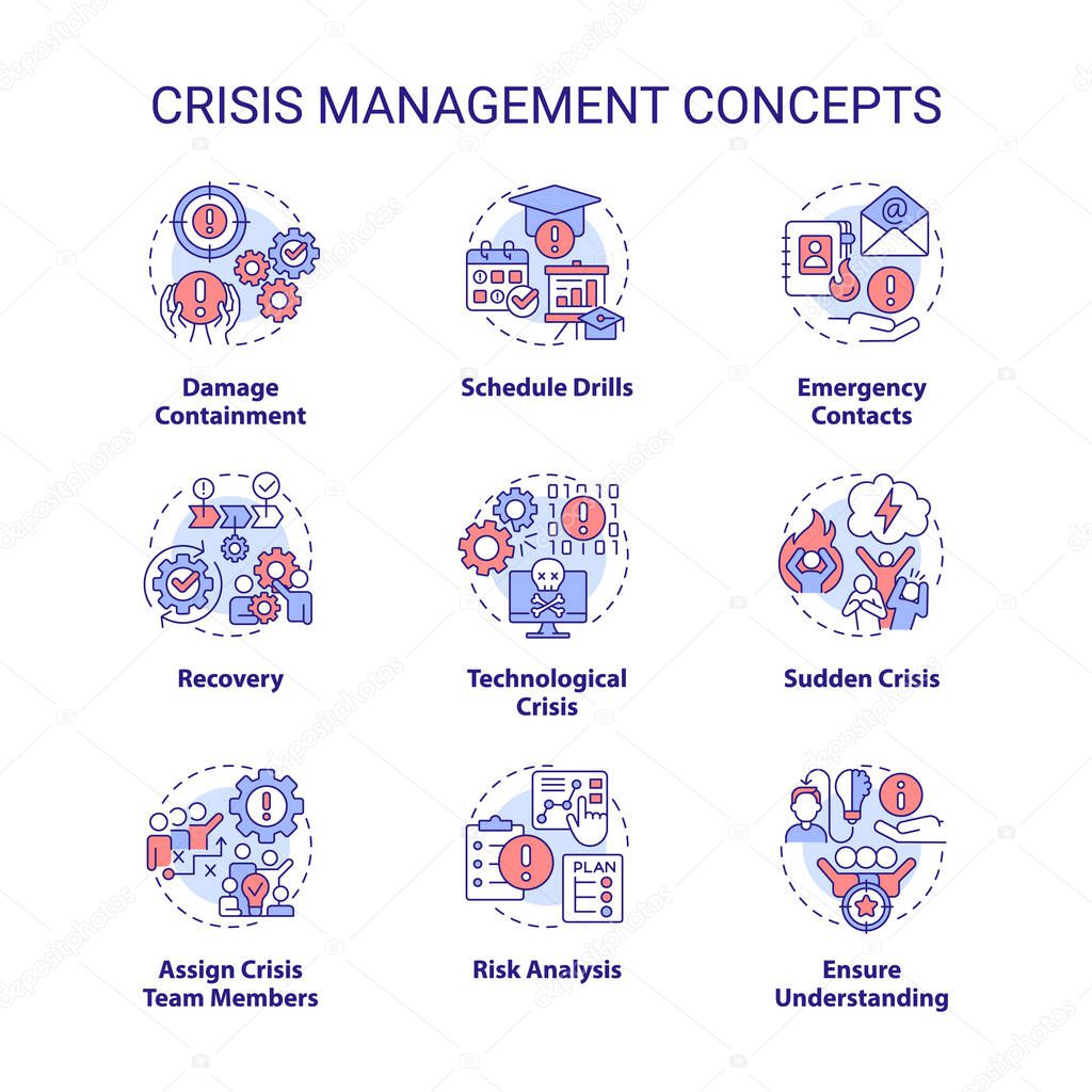 Crisis management concept icons set. Preventive measures. Risk control idea thin line color illustrations. Isolated symbols. Editable stroke. Roboto-Medium, Myriad Pro-Bold fonts used