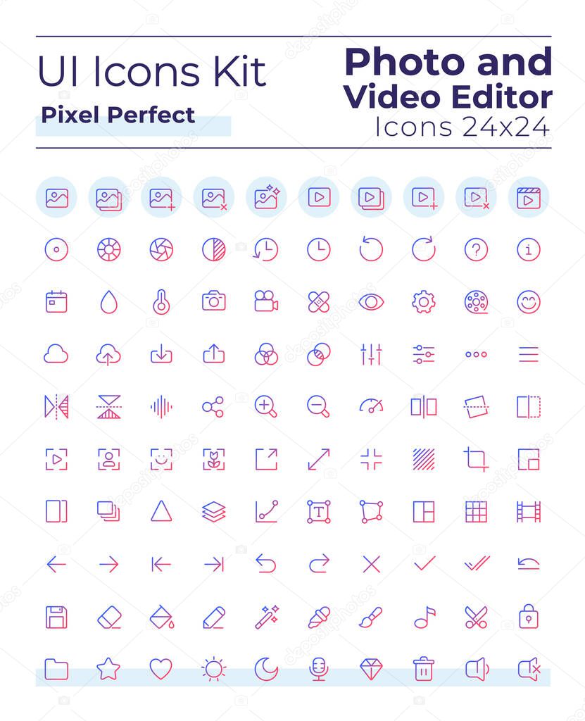 Photo and video editor tools pixel perfect gradient linear ui icons set. Digital program. Line contour user interface symbols. Modern style pictograms. Vector isolated outline illustrations