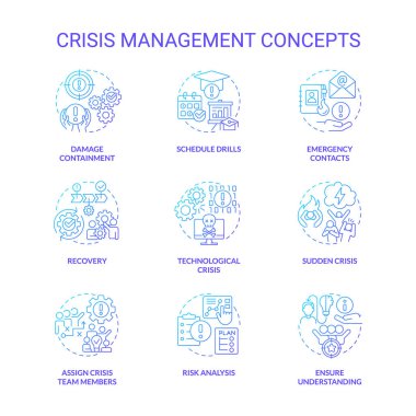 Crisis management blue gradient concept icons set. Preventive measures. Risk control idea thin line color illustrations. Isolated symbols. Roboto-Medium, Myriad Pro-Bold fonts used