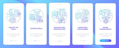 Crisis management team blue gradient onboarding mobile app screen. Walkthrough 5 steps graphic instructions with linear concepts. UI, UX, GUI template. Myriad Pro-Bold, Regular fonts used