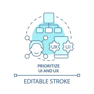 Prioritize UI and UX turquoise concept icon. Mobile website development abstract idea thin line illustration. Isolated outline drawing. Editable stroke. Arial, Myriad Pro-Bold fonts used