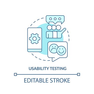 Usability testing turquoise concept icon. Users feedback. Mobile first design testing abstract idea thin line illustration. Isolated outline drawing. Editable stroke. Arial, Myriad Pro-Bold fonts used