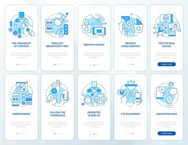 Mobile first design blue onboarding mobile app screen set. Walkthrough 5 steps editable graphic instructions with linear concepts. UI, UX, GUI template. Myriad Pro-Bold, Regular fonts used