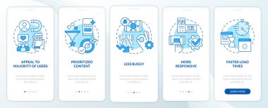 Advantages of mobile first design blue onboarding mobile app screen. Walkthrough 5 steps editable graphic instructions with linear concepts. UI, UX, GUI template. Myriad Pro-Bold, Regular fonts used