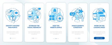 Mobile first key elements blue onboarding mobile app screen. Walkthrough 5 steps editable graphic instructions with linear concepts. UI, UX, GUI template. Myriad Pro-Bold, Regular fonts used