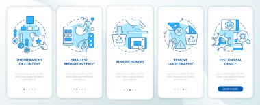 Mobile first design process blue onboarding mobile app screen. Walkthrough 5 steps editable graphic instructions with linear concepts. UI, UX, GUI template. Myriad Pro-Bold, Regular fonts used