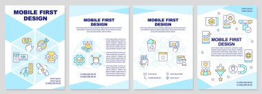 Mobile first design turquoise brochure template. Leaflet design with linear icons. Editable 4 vector layouts for presentation, annual reports. Arial-Black, Myriad Pro-Regular fonts used